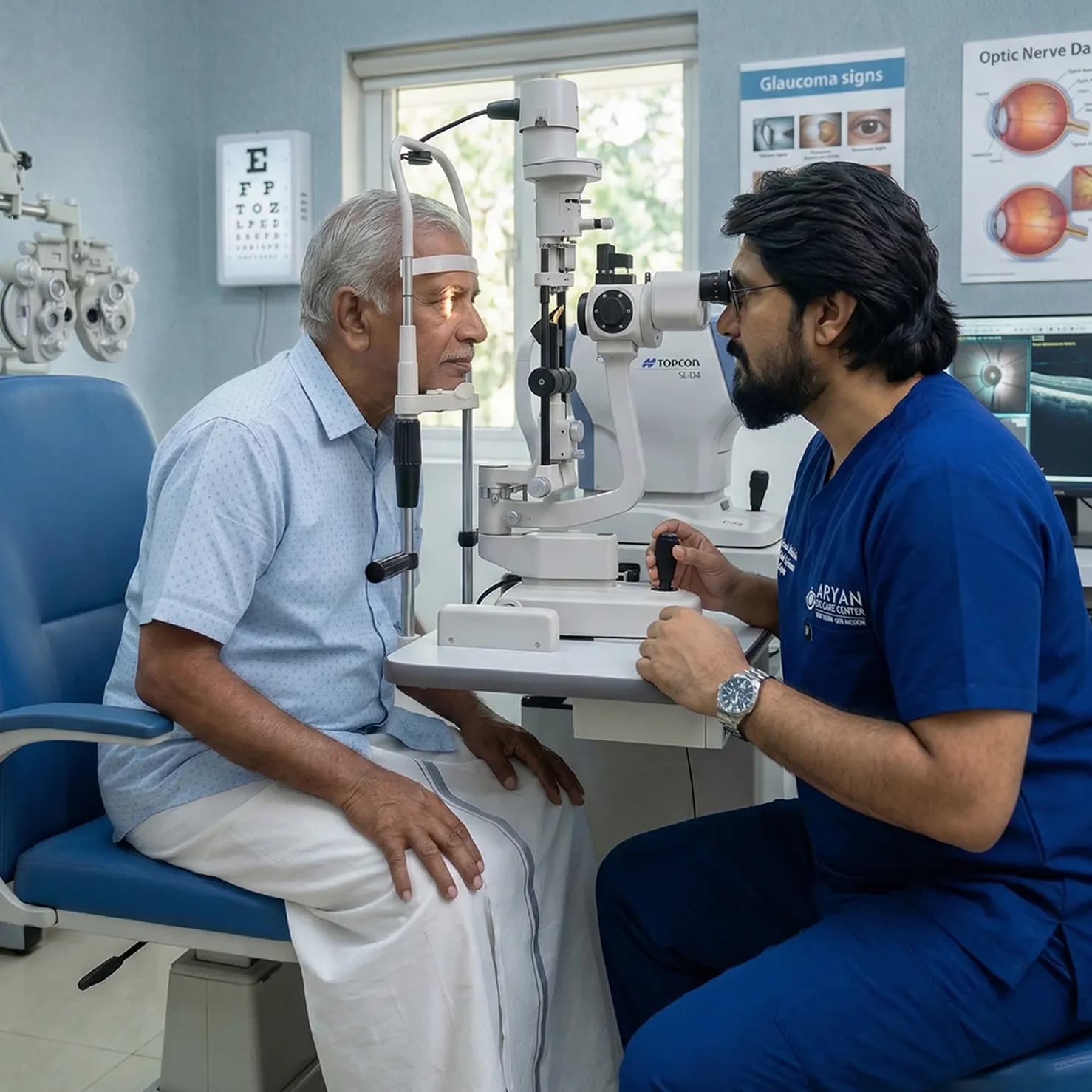 Ophthalmologist consulting patient at Aryan Eye Care Centre