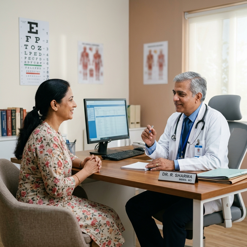 Ophthalmic coordinator visiting an elderly patient for a home eye care checkup